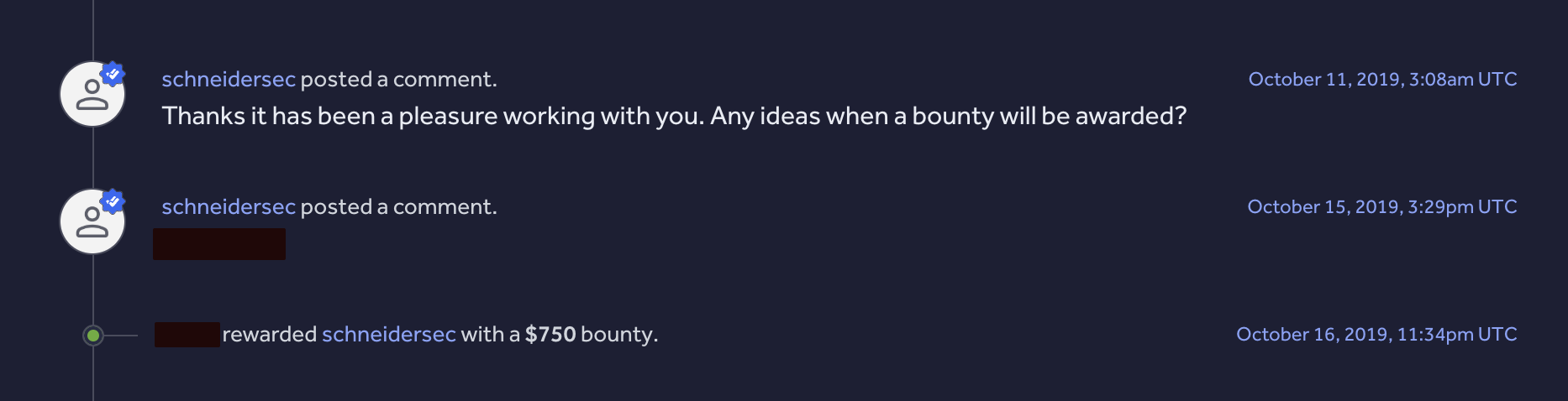 My comments on the report in October 2019 asking when a bounty will be awarded, followed by the program awarding a $750 bounty on October 16.