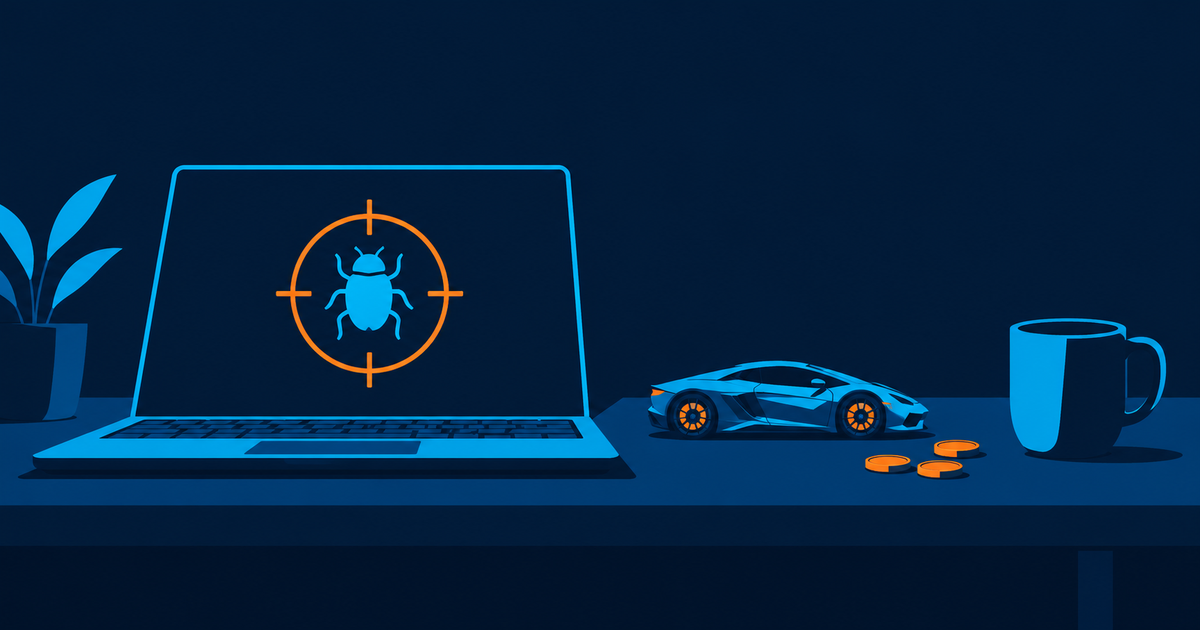 Flat illustration of a desk at night with a laptop showing a bug inside an orange targeting crosshair, a small toy sports car, a few coins, and a coffee mug.