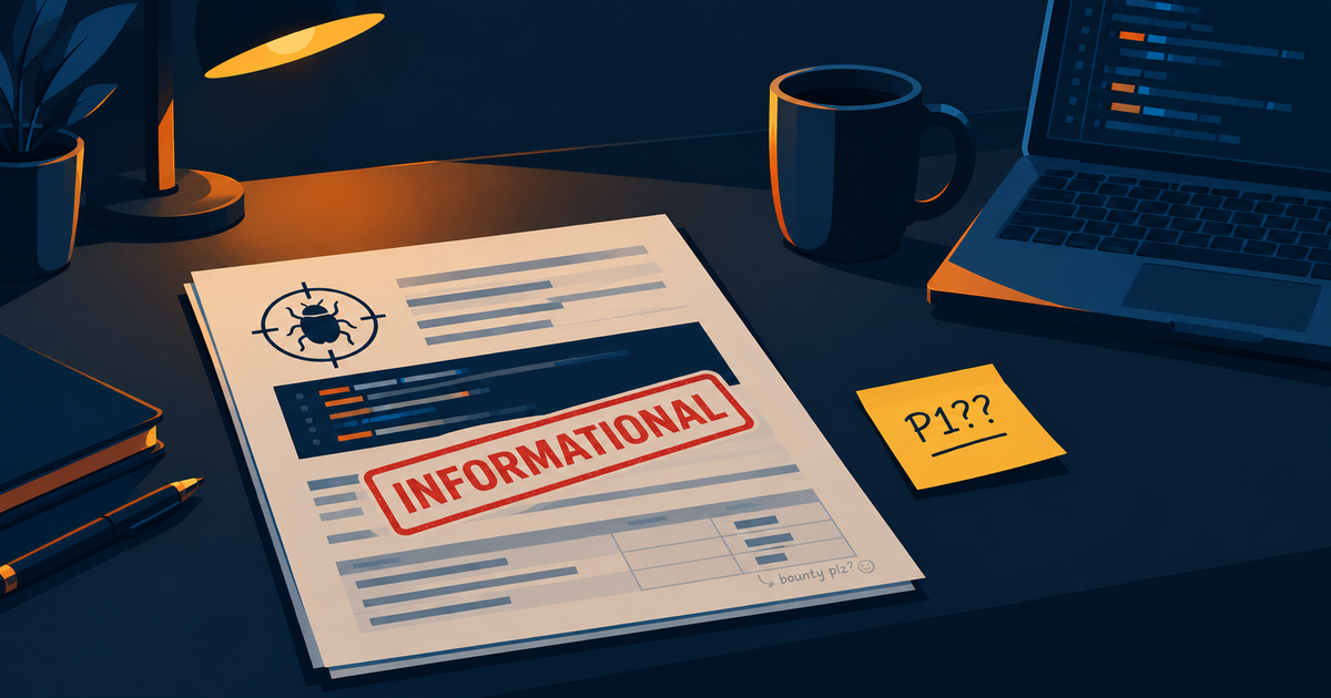 Flat illustration of a desk at night under a lamp: a printed bug bounty report with a bug-in-crosshair logo, stamped INFORMATIONAL in red, next to a yellow sticky note reading "P1??", with a coffee mug and laptop in the background.