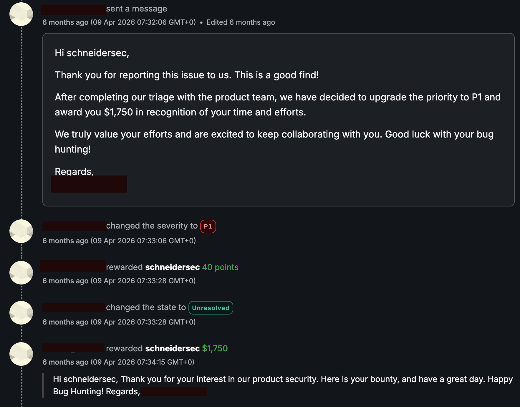 April 2026 activity on the report: the program calls it a good find, upgrades it to P1, and awards $1,750 "in recognition of your time and efforts."