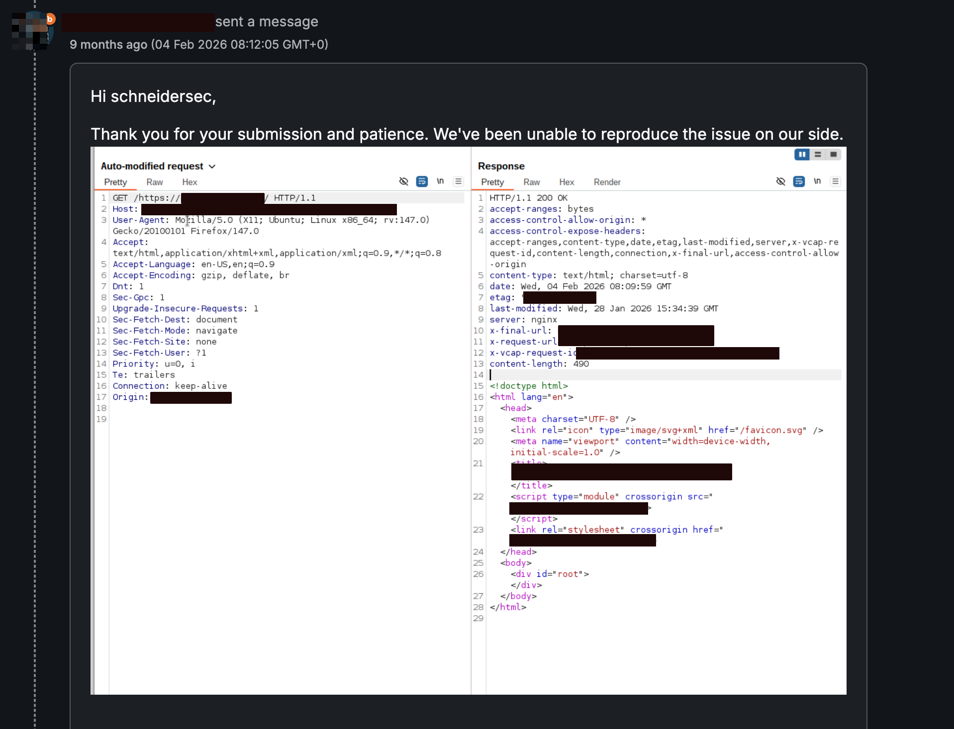 Bugcrowd message from February 2026 where the triager says they were unable to reproduce the issue, with an attached Burp screenshot showing their own request through the endpoint returning a 200 OK response from the internal service.